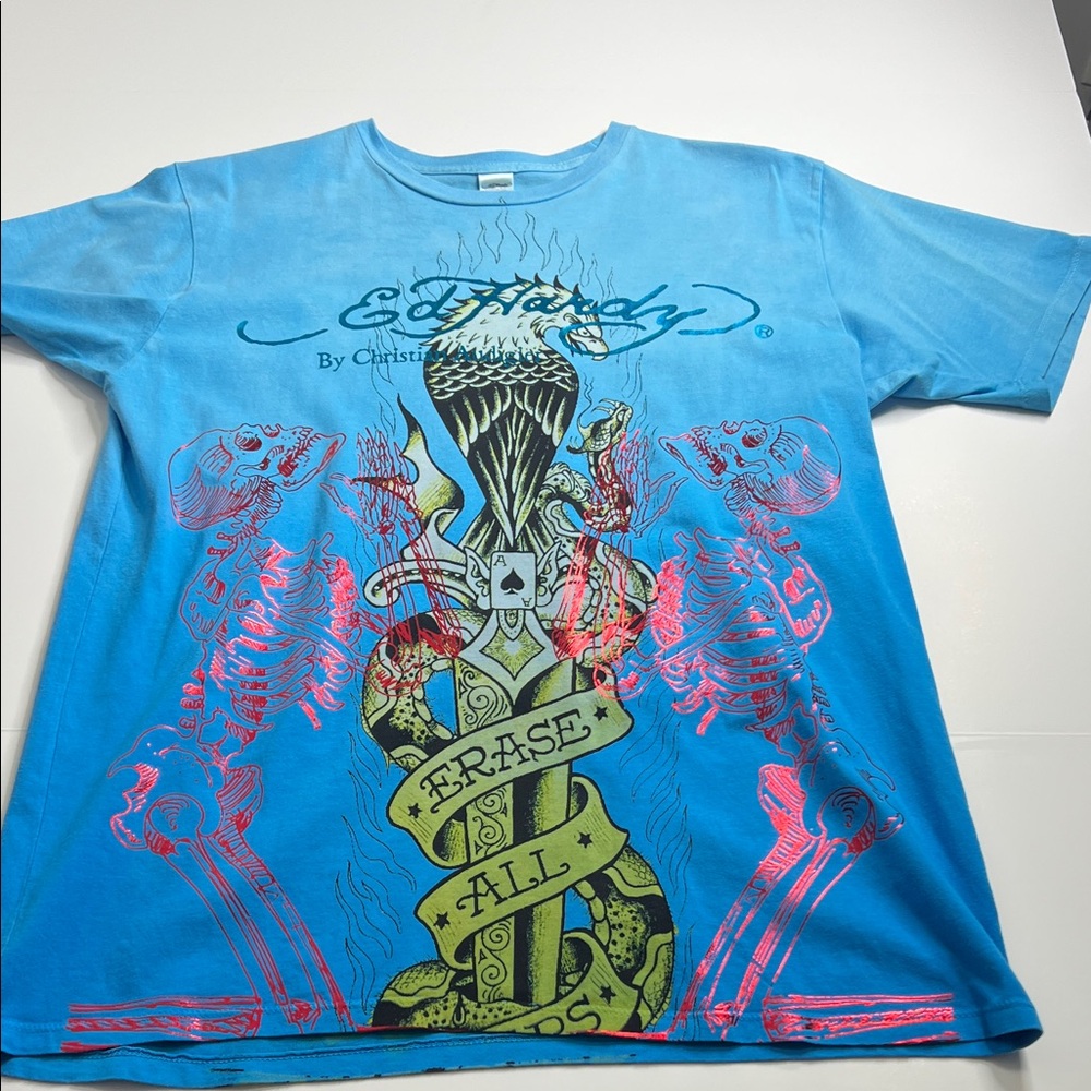 Ed Hardy Blue and Pink Graphic Tee